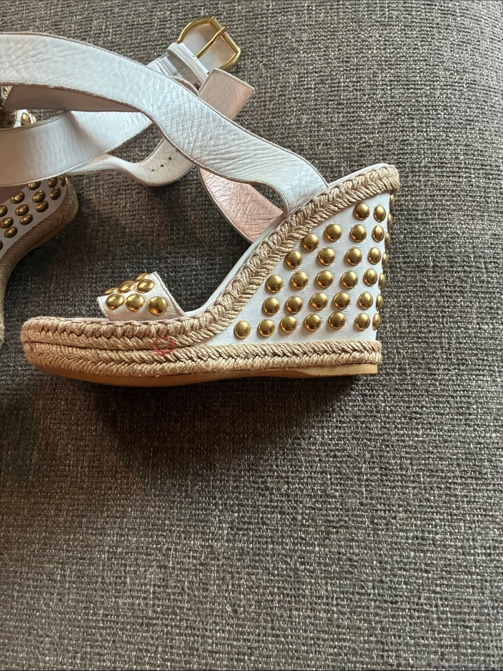 Stuart Weitzman White Espadrille Wedges with Gold Studs
